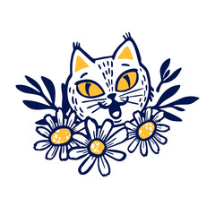 Funny cartoon cats heads in spring flowers, funny print for fabric, wallpaper, wrapping, textile, t-shirt. Isolated on white background. Vector illustration