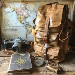 Travel Adventure: Depict a sense of adventure by incorporating a world map or a passport next to the beach bag, along with travel-themed accessories like a compass or binoculars. Generative AI