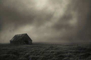 Black and white image of an old decaying barn in a field. - obrazy, fototapety, plakaty