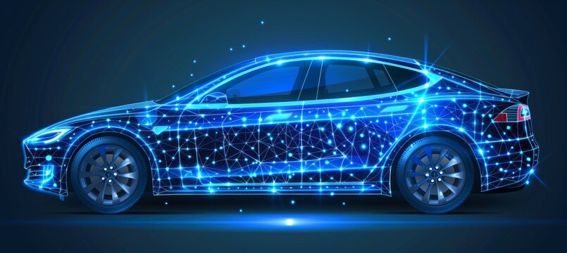 Futuristic electric car with holographic wireframe digital technology background