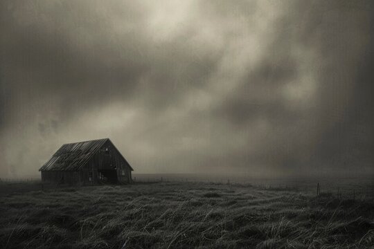 Black and white image of an old decaying barn in a field.