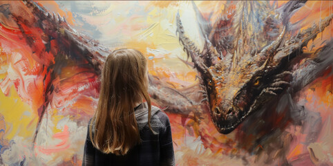 A woman standing in front of a painting of a dragon