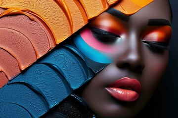 Fashion portrait of a young woman with bright makeup and impeccable style showing off a palette of bright eyeshadows.