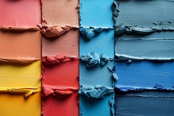 A textured cosmetic palette displaying a variety of vibrant colors such as red, blue and yellow.