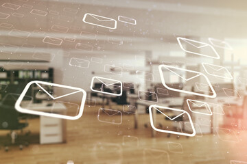 Double exposure of abstract virtual postal envelopes hologram on modern corporate office...