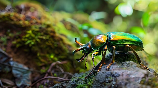 Beetle : Sawtooth beetle (Lamprima adolphinae) is a species of stag beetle in Lucanidae family found on New Guinea and Papua. Beautiful Gold and green metallic color beetles, selective focus