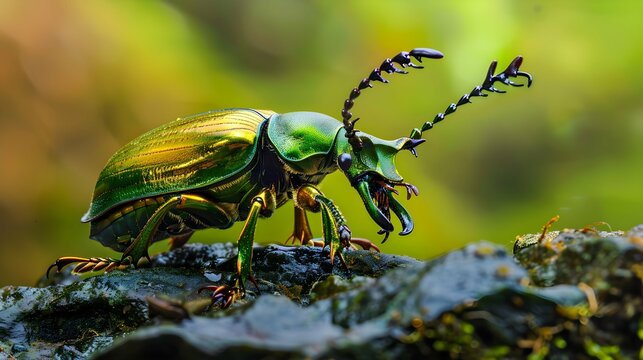 Beetle : Sawtooth beetle (Lamprima adolphinae) is a species of stag beetle in Lucanidae family found on New Guinea and Papua. Beautiful Gold and green metallic color beetles, selective focus