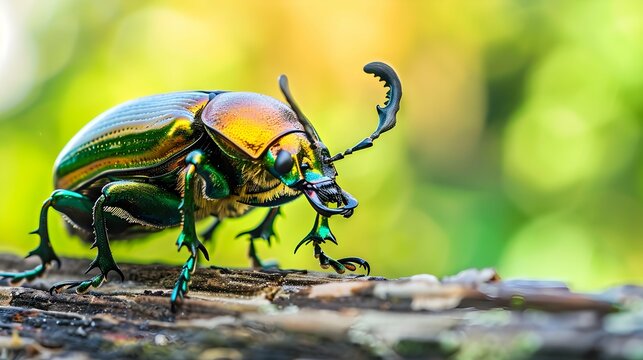 Beetle : Sawtooth beetle is a species of stag beetle in Lucanidae family found on New Guinea and Papua. Beautiful Gold and green metallic color beetles, selective focus
