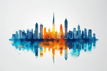 Watercolor colorful illustration of a city skyline with modern skyscrapers on a white background.