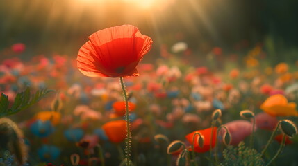 Fototapeta premium Field of poppies at sunset. Beautiful background for a banner for Memorial Day or Independence Day 