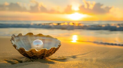 Beautiful white pearl inside golden shell on a beach, sundown.