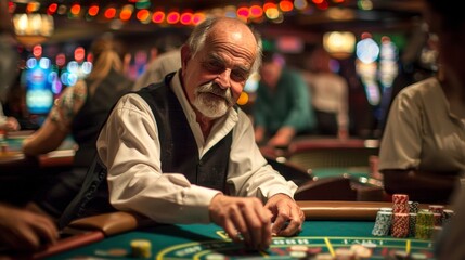 Casino Atmosphere: A candid photo of a dealer at a casino table