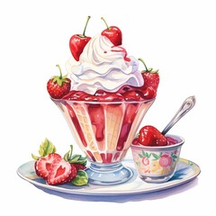 Vintage ice cream parlor scene with strawberry sundaes. watercolor illustration, Perfect for nursery art,. Ice cream shop retro tin sign or plate.