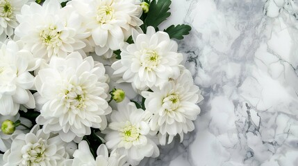 Beautiful white flowers, chrysanthemums, over marble background. Bouquet of flowers at cemetery , funeral concept.