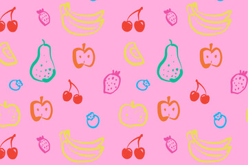 Fruits hand drawn seamless pattern isolated on light pink background. Wallpaper with cherry, blueberry, banana line art illustration. Design for healthy eating concept and food packaging. 