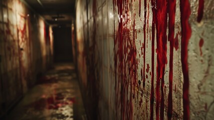 Blooddripping walls in a dimly lit corridor, ominous and chilling