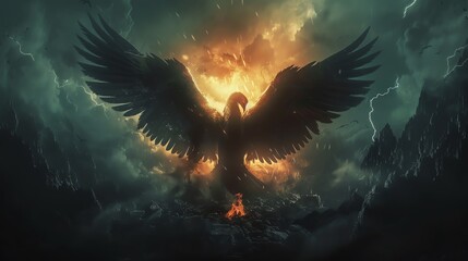 Dark, nightmarish phoenix rising from ashes in a hellish scene