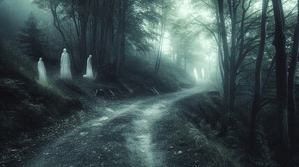 Haunted forest path, dark and winding with spectral figures in the mist