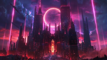Hellinspired neon cityscape with futuristic sin towers