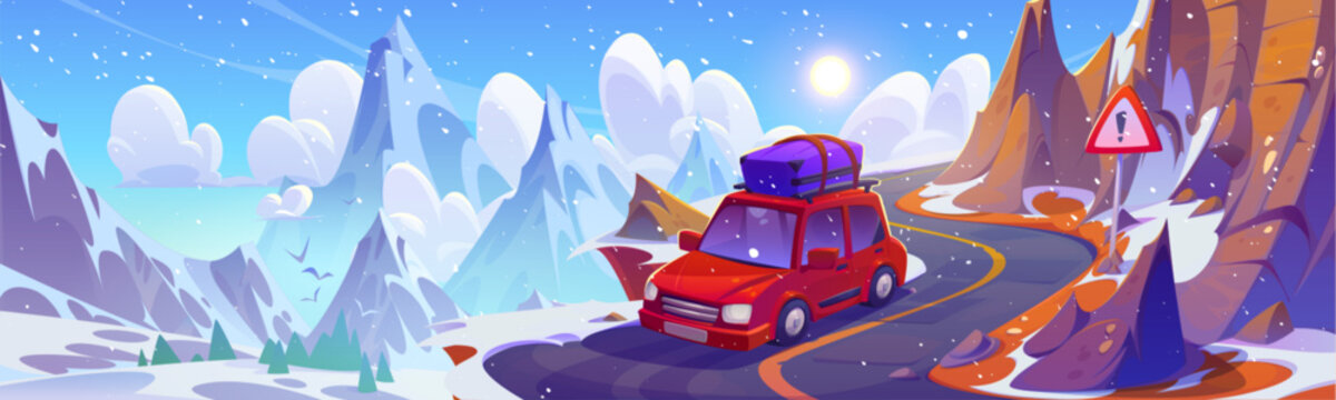Red car with luggage on roof drives along danger winding road in mountains in winter. Cartoon vector illustration of rocky hills landscape with serpentine highway, caution sign and vehicle under snow.