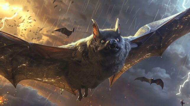 Giant bat with demonic eyes flying through a nightmarish storm