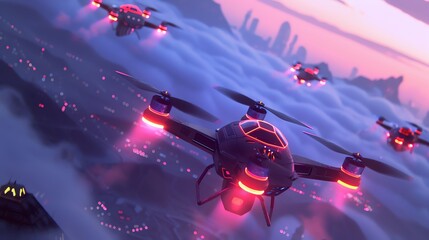 Neon hellfire drones scanning a dystopian scifi landscape - obrazy, fototapety, plakaty