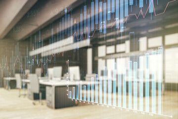 Multi exposure of abstract virtual financial graph hologram on a modern furnished office...