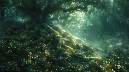 Fototapeta premium he intricate network of roots beneath the forest floor, each tendril reaching out to nourish the towering trees above.