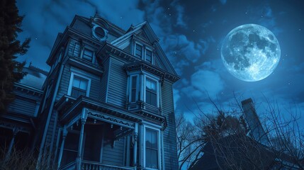 Old haunted Victorian mansion under a full moon, windows appearing as watching eyes