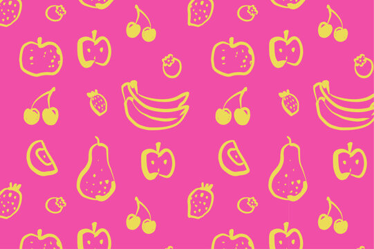 Yellow fruits hand drawn seamless pattern isolated on pink background. Wallpaper with cherry, blueberry, banana line art illustration. Design for healthy eating concept and food packaging. 