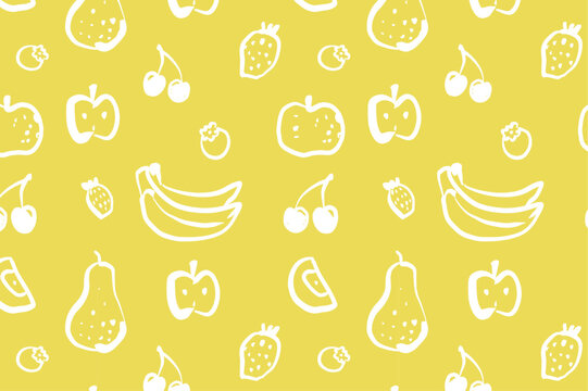 Fruits hand drawn seamless pattern isolated on yellow background. Wallpaper with cherry, blueberry, banana line art illustration. Design for healthy eating concept and food packaging. 