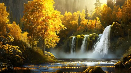 Beautiful autumn landscape with yellow trees and waterfall 