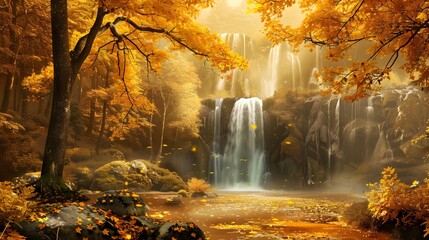 Beautiful autumn landscape with yellow trees and waterfall  - obrazy, fototapety, plakaty