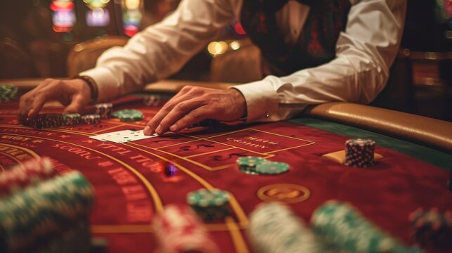 Casino Staff: A photo of a casino dealer at a blackjack table, dealing cards to players