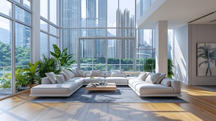 Modern minimalist living room in the foreground with a high-rise cityscape in the background, featuring floor-to-ceiling windows.