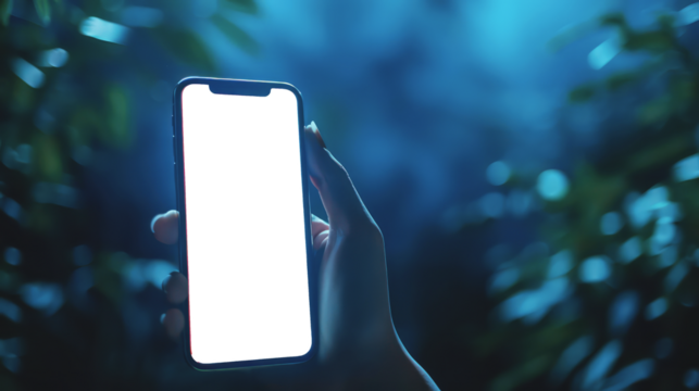 A hand holding an Smartphone with transparent screen, blurred background, closeup shot of the phone.