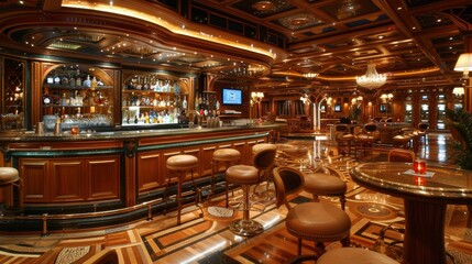 Luxury and Glamour: A photo of a casino bar, featuring a glamorous design, premium drinks