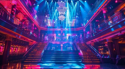 Luxury and Glamour: A photo of a casino entertainment venue, with a glamorous stage, high-tech lighting, and a lively crowd