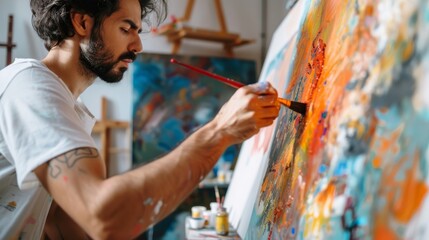 An artist in a studio, painting passionately on a canvas, expressive and inspired, with a...