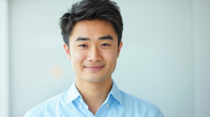An East Asian male engineer in a light blue shirt, eyes twinkling with a hint of a smile, suggesting amiability and intelligence, against a plain white backdrop, styled as a friendly corporate.