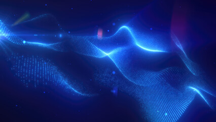 Blue energy futuristic waves with light rays and energy particles. Abstract background