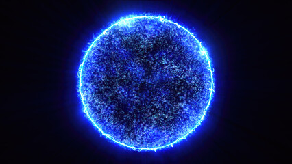Blue energy magic sphere round hi-tech light digital ball space planet star made of futuristic light rays lines and energy particles. Abstract background
