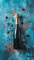 Champagne bottle with glittering confetti stars. A celebratory cava bottle surrounded by ribbons, and baubles on a color background, depicting festivity and luxury. Great design for postcard, banners