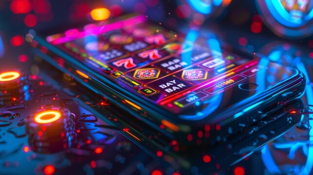 Online Slot Machines: A close-up photo of a mobile phone screen displaying an online slot machine app