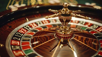 Roulette Betting: A photo of a roulette wheel close-up, with the ball resting on a number - obrazy, fototapety, plakaty