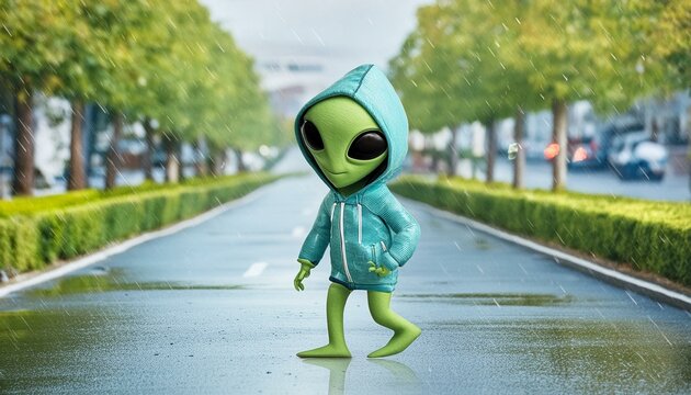Rainy Day Stroll: Adorable Alien in Hoodie, 3D Render"