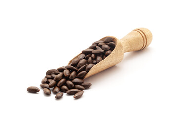 Front view of a wooden scoop filled with Organic custard apple (Annona reticulata) seeds. Isolated on a white background.