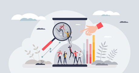Turnover statistics as time period for employee leaving business tiny person concept. Human resources research for labor and colleagues rotation or resignation vector illustration. Company stability