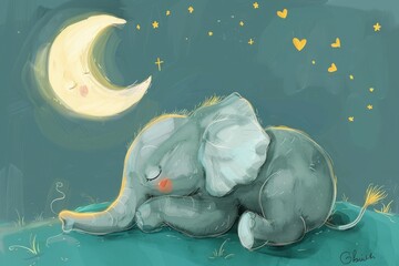 Adorable illustration of a baby elephant drifting off to sleep while listening to a soothing lullaby - obrazy, fototapety, plakaty