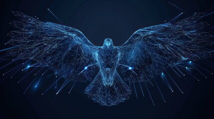 Wireframe of an eagle has spread its wings. Polygonal eagle of blue lines on a dark background. AI generated